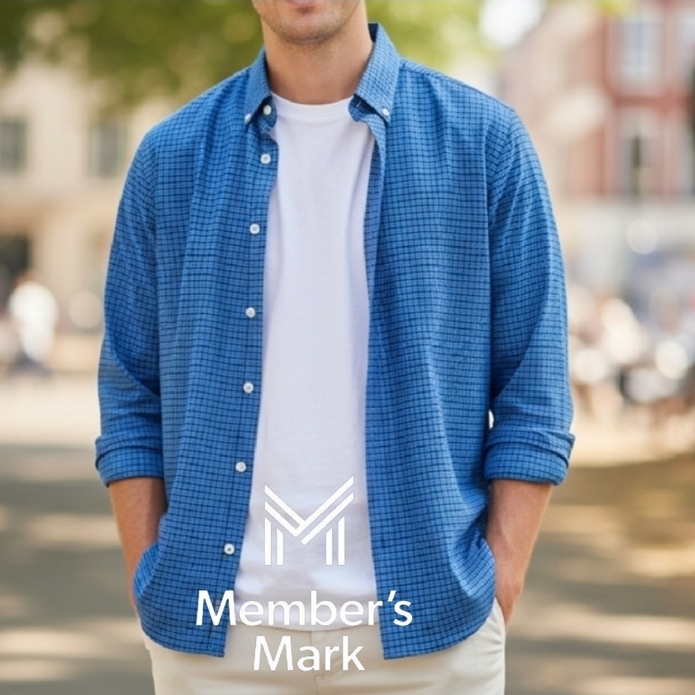MEMBER'S MARK XL Checkered Blue Stretch Oxford Shirt NEW